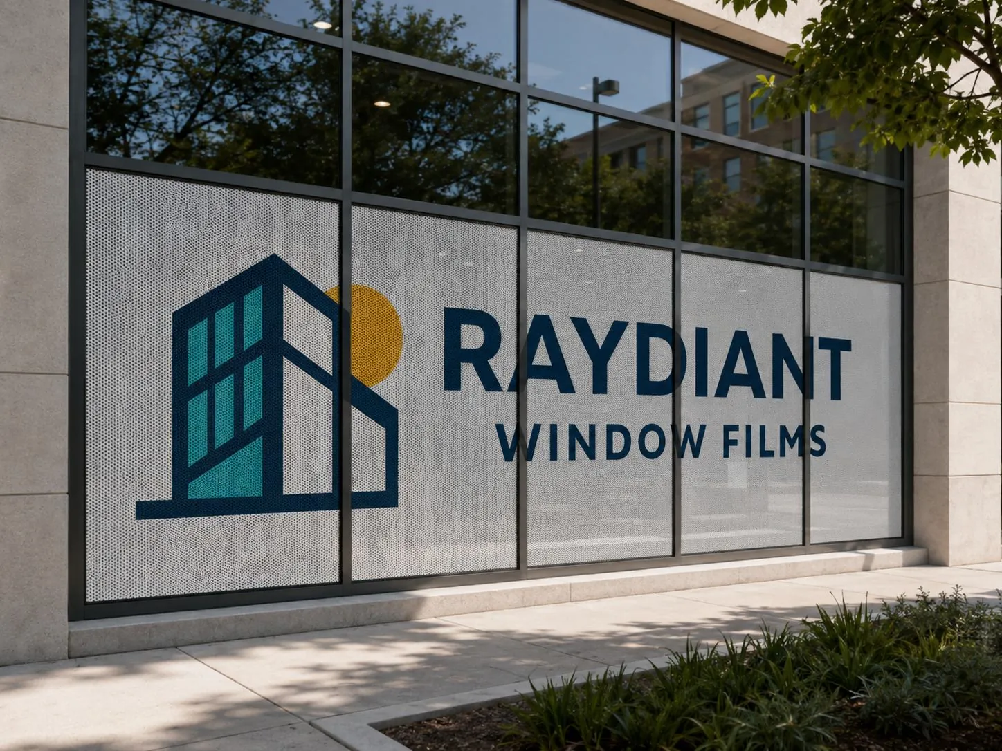 Raydiant Window Films logo applied as custom perforated window graphics across a commercial building's glass facade