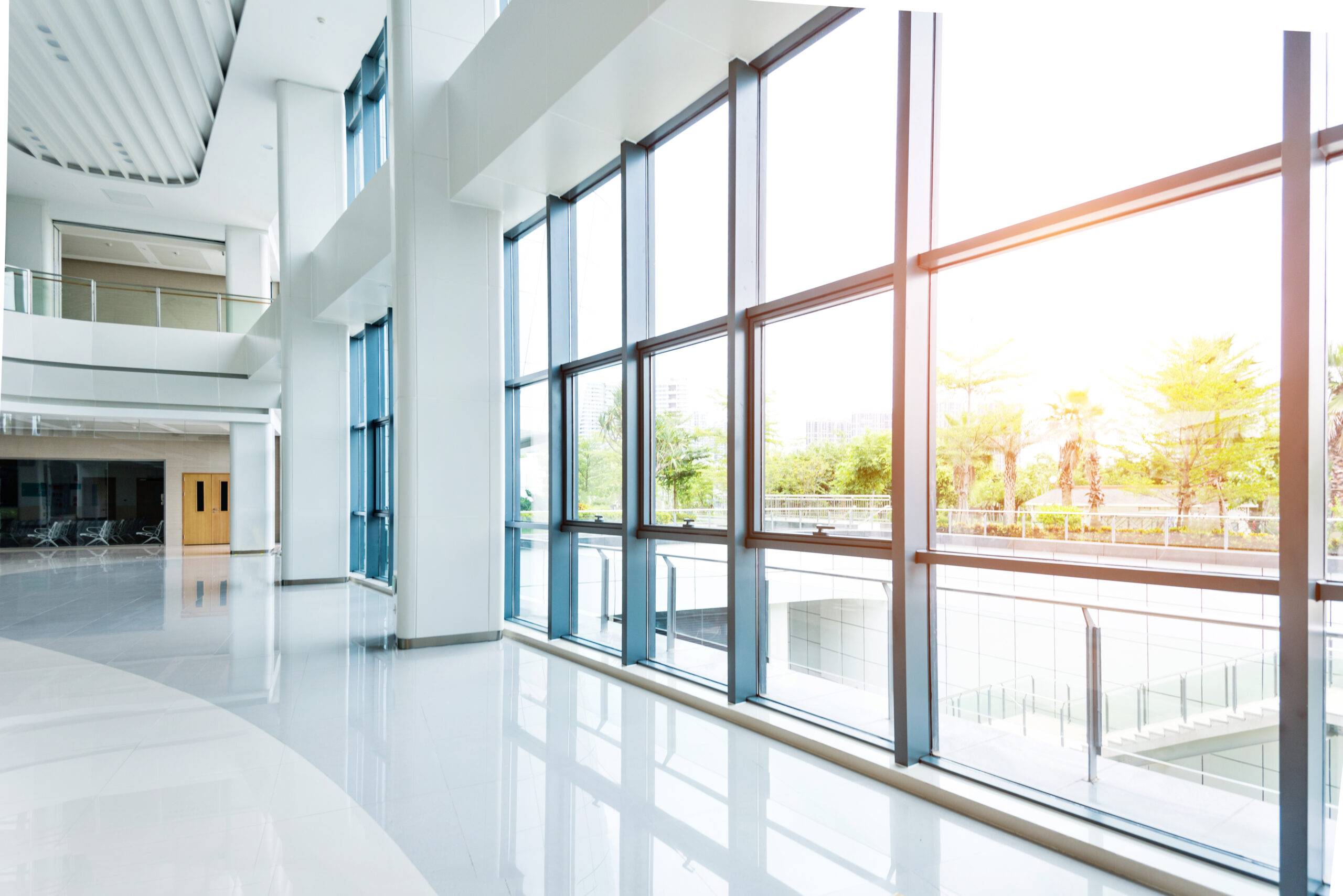 lobby building windows with morning sun